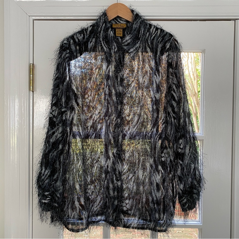 Long Sleeve Button Down Faux Feather Fringe Shacket Black White Women's Large